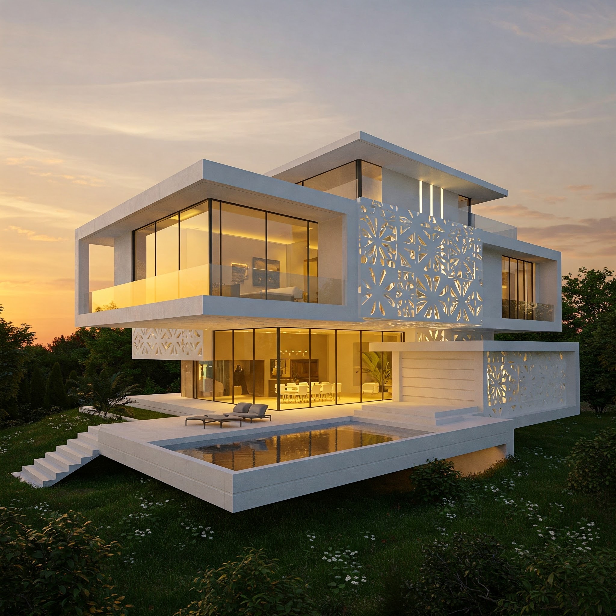photo of Elegant Modern Villa at Sunset Overlooking Lush Landscape